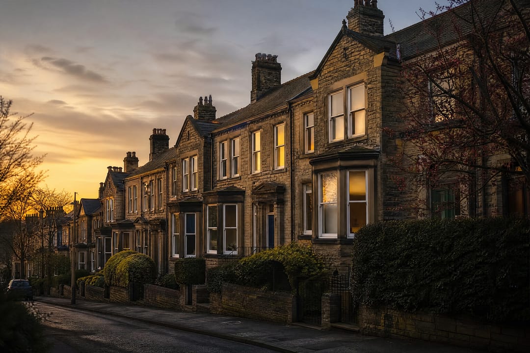 Victorian stone terraced houses on a Yorkshire street at dusk
