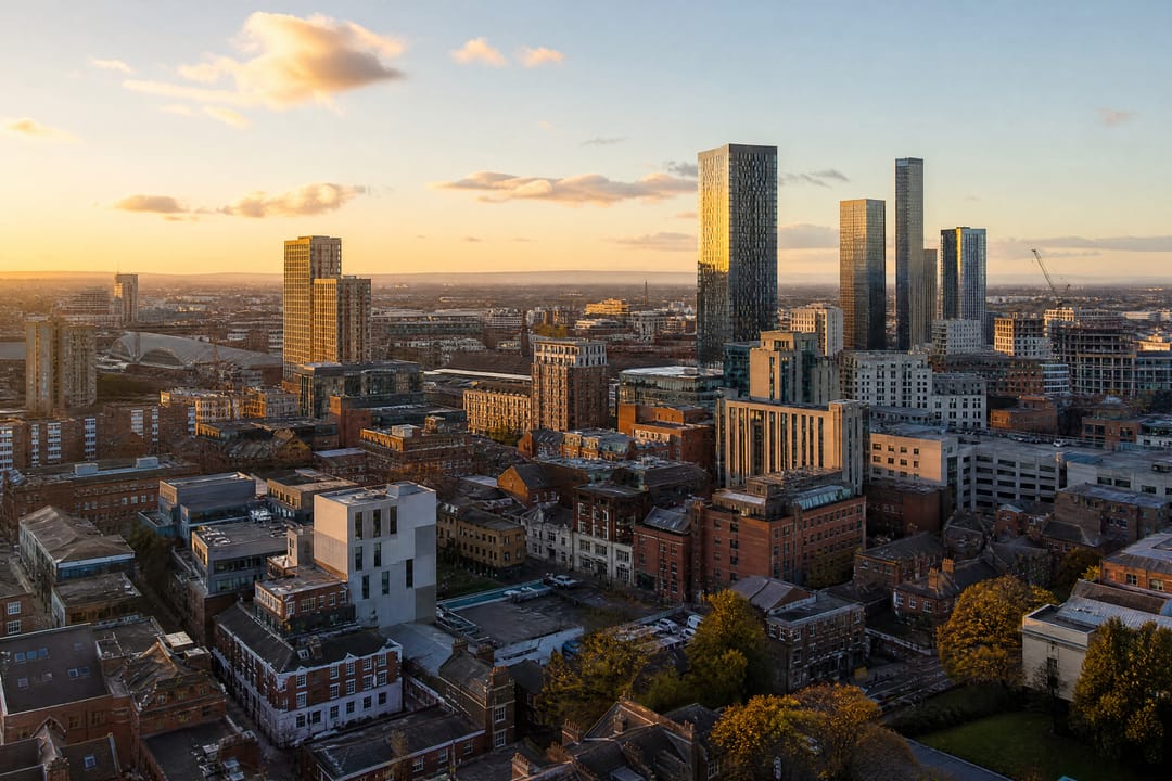 British city skyline at golden hour