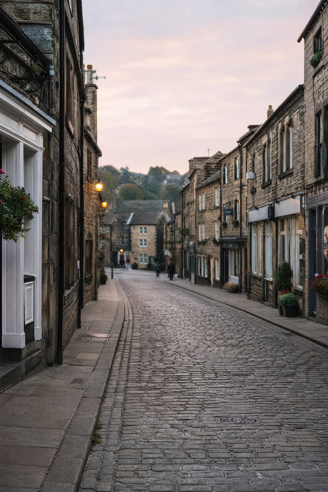 Historic stone high street in a West Yorkshire market town